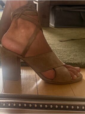 Gianvito Rossi Taupe Suede Wrap Block Heel Sandals